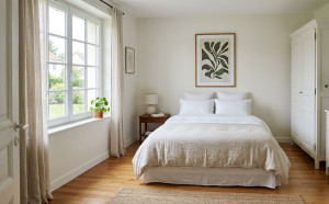 Photo de galerie - Nettoyage et rangement complet d'une chambre à coucher : dépoussiérage des surfaces, lit fait soigneusement et aspiration des sols.

