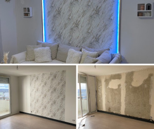 Photo de galerie - Rafraîchissement d’un séjour avec pose de moulure doré et intégration de led.