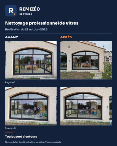 Photo de galerie - REMIZÉO SERVICES — Nettoyage professionnel de vitres. Deux façades cintrées, avant/après notre intervention du 22 octobre 2026. Photos réelles ; lumière et reflets variables. Toulouse et alentours. Devis sur photos via AlloVoisins.