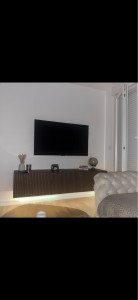 Photo de galerie - Fixation d’une télé, passage des câbles derrière le placo, création d’une nouvelle prise et suspension du meuble au mur