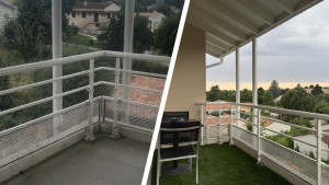 Photo de galerie - Nettoyage et traitement d’un balcon / Pose de gazon synthétique