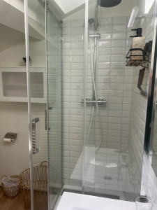 Photo de galerie - Récupération complète d’une cabine de douche : élimination du calcaire incrusté, détartrage des parois vitrées et des robinetteries, nettoyage en profondeur pour un rendu brillant et sans traces.