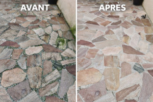 Photo de galerie - Nettoyage terrasse en pierre du Brésil avant/apres