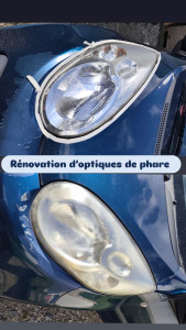 Photo de galerie - Rénovation des optiques de phares suite à défaut d'opacité au contrôle technique. 