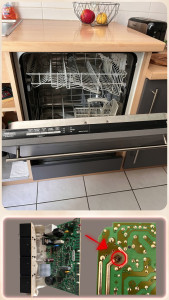 Photo de galerie - Panne : aucun signe de chauffe pendant le cycle.
Résolution : nouvelle soudure du relais de chauffage sur le module électronique 