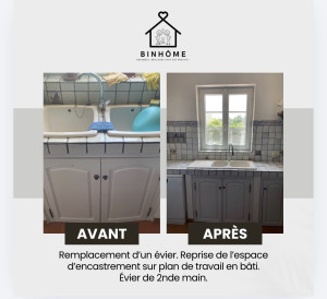 Photo de galerie - Remplacement évier avec reprise espace d’encastrement sur plan de travail en bâti. Nouvel évier chiné, seconde main.