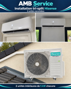 Photo de galerie - Nouvelle installation réalisée par AMB Services : un groupe extérieur tri Split Hisense, actuellement raccordé avec deux unités intérieures de 5 kW chacune. Vous avez un projet de climatisation ? Contactez-moi.