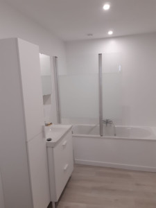 Photo de galerie - Installation d'une salle de bain comprenant placo, peinture, spots, parquet flottant...