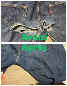 Photo de galerie - Retouches sur un jeans au niveau de l’entrejambe.