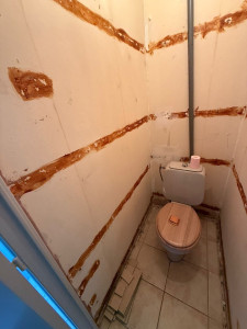 Photo de galerie - Dépose du bois et mise à nu des murs avant rénovation.