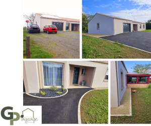 Photo de galerie - Pose de dallage en pierre naturelles
Pose de chaînette de pavés en pierres naturelles
Mise en place d'un gravier de finition
Création de massifs