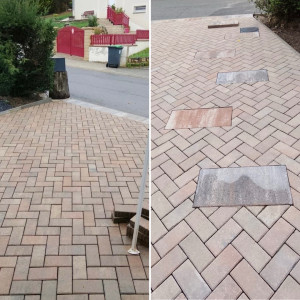 Photo de galerie - Le pavé est disposé en forme de M pour mieux mettre en valeur les détails. Travail réalisé en 6 jours.