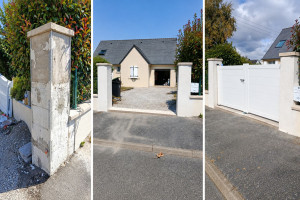 Photo de galerie - Rehaussement de piliers - Réalisation d'un enduit-Creation d'un seuil pavé - pose d'un portail alu