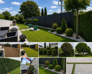 Photo de galerie - Aménagement des espaces extérieurs, créations d'alliers, le terrasse, le dallage. Taille de haie, plante d'arbres, taille d'arbre et d'arbustre. Clôture. création gazon
