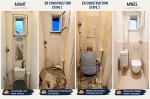 Photo de galerie - Transformation complète avec démolition, préparation, plomberie, pose du carrelage, installation des équipements sanitaires et finitions soignées. Travail propre, respect des délais et devis gratuit. Intervention en Seine-et-Marne (77) et en Île-de-France