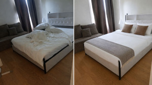 Photo de galerie - Chambre entièrement nettoyée et rangée : lit fait, linge changé, coussins et plaid soigneusement disposés. Chambre propre et accueillante. »