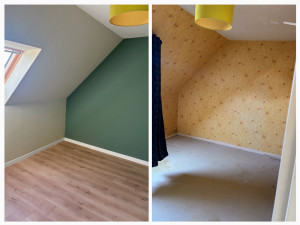 Photo de galerie - Avant/Après : rénovation complète avec retrait du papier peint, préparation des murs, peinture, pose d’un nouveau parquet et finitions. Une pièce entièrement modernisée.