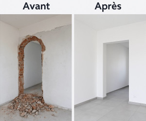 Photo de galerie - Travaux de démolition et reconstruction – ouverture de mur, reprise des cloisons et finitions. Travail rapide et soigné.