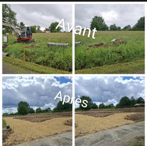 Photo de galerie - Terrassement et préparation complète du terrain : décaissement, nivellement et création de l’accès en pierre. Préparation du terrain avant construction. Chantier réalisé avec soin – Avant / Après.