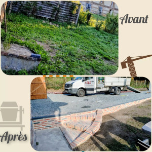 Photo de galerie - Aménagements extérieurs, décaissement, empierrement, réalisation de mur de soutènement en béton banché avec escalier.
Pose de parement 