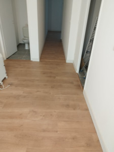 Photo de galerie - Pose de parquet en enfilade dans un couloir avec entrée et salon 