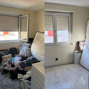 Photo de galerie - Une chambre très encombrée avant le nettoyage, puis propre et rangée après le passage.