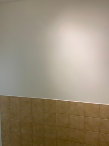 Photo de galerie - Application de la peinture de finition murs salle de bain aspect satinée.