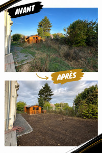 Photo de galerie - Remise en état complète d’un jardin : débroussaillage, taille des arbres et arbustes, nettoyage du terrain, préparation du sol et semis de gazon.