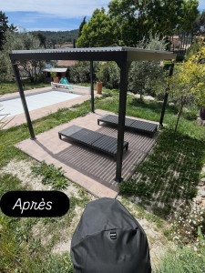 Photo de galerie - Dalle béton, pose carrelage, installation pergola