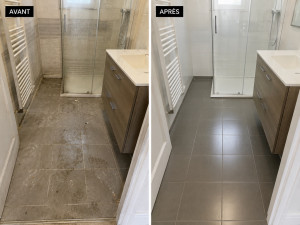 Photo de galerie - Nettoyage complet de salle de bain : dégraissage et désinfection des surfaces, nettoyage du sol, douche, parois vitrées et sanitaires. Remise en état soignée.