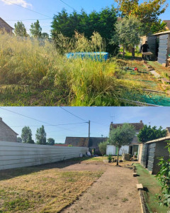 Photo de galerie - AVANT / APRÈS Débroussaillage des herbes hautes, tonte et remise à niveau du terrain, nettoyage des abords et évacuation des déchets verts. L’ensemble permet de sécuriser et de valoriser durablement l’espace extérieur.