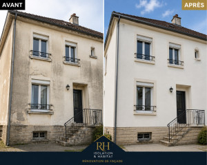 Photo de galerie - Avant / Après – Rénovation complète de façade : préparation du support, réparation des imperfections, application de l’enduit et finitions pour un résultat propre et durable.