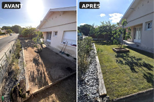 Photo de galerie - Préparation complète du terrain avec apport de terre végétale, installation d’un arrosage enterré et pose de gazon en rouleaux. Création d’une jardinière autour du figuier pour une finition soignée et un résultat immédiatement esthétique.