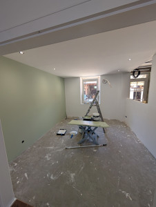 Photo de galerie - Réalisation d'un salon, ouverture du mur, placo, électricité, peinture, parquet et toutes les finitions 