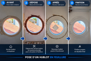 Photo de galerie - Remplacement complet d’un hublot : dépose de l’ancien châssis, préparation et adaptation de l’ouverture pour une pose en feuillure, installation du nouveau hublot, puis réalisation des finitions avec enduit et peinture pour un rendu propre et soigné.