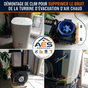 Photo de galerie - Démontage complet d’un climatiseur mobile afin de supprimer un bruit anormal provenant de la turbine d’évacuation d’air chaud. 
Contrôle du ventilateur, du moteur, du câblage et remontage après intervention.