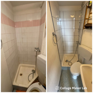 Photo de galerie - Une salle de bain de studio étudiant. remplacement du carrelage avec pose kit Spec et remplacement du wc 