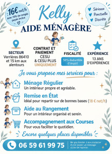 Photo de galerie - Encore 2 créneaux disponibles 
lundi 12h45 13h45 voir 14h45 si vous souhaitez 1 ou 2h de ménage 
mercredi 9h45 11h45 (autour de Dienné 86410)