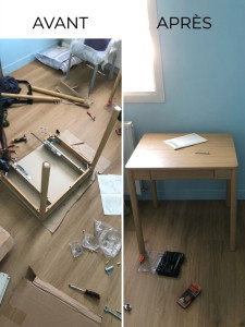 Photo de galerie - Montage de table en kit avec tiroir : assemblage des pieds et du plateau pour un résultat propre et soigné. BLK.S31, montage de meubles et petits travaux à Toulouse et alentours.