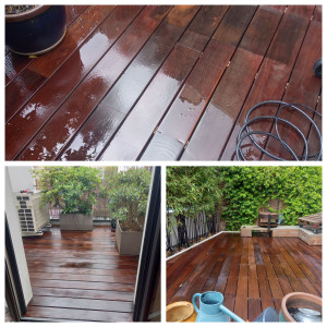 Photo de galerie - Nettoyage avec karcker ( une brosse spécial) les lames en bois qui as était bien abîmer par les UV , puis passage avec rouleaux une peinture spéciale pour protection de l'âme de de terrasse qui as donné une autre vie au bois .