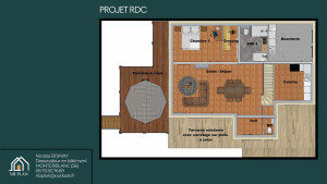 Photo de galerie - Projection 3D d'une rénovation intérieure. 
- Modifications de l'agencement des pièces, création d'une salle de bain, et aménagement d'une nouvelle cuisine. 