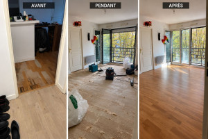 Photo de galerie - Intervention suite à un sinistre pris en charge par l’assurance : dépose du parquet collé endommagé, grattage et préparation du support, puis pose du nouveau parquet.