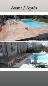 Photo de galerie - Création d'une piscine et d'une terasse 
(pose de travertins)