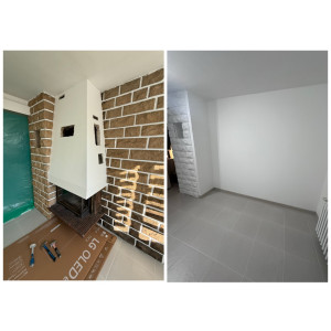 Photo de galerie - Ancienne cheminée détruite puis reconstruction d’un mur en placo, parfaitement aligné avec le retour en pierres. Finition peinte pour un rendu clair et contemporain.