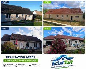 Photo de galerie - Réalisation d'un nettoyage de toiture avec traitement anti-mousse et hydrofuge coloré rouge brun.