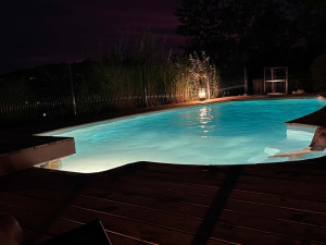 Photo de galerie - Terrasse en bois exotique livrée, 80m2 autour d'une piscine Desjoyeaux existante. 