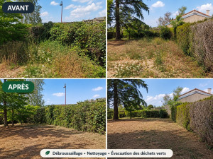 Photo de galerie - Débroussaillage et nettoyage du terrain, coupe des végétaux et des mauvaises herbes, taille des haies et remise en état des espaces extérieurs. Évacuation des déchets verts après intervention.
Un travail propre et soigné pour retrouver un extérieur dégagé