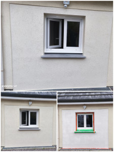Photo de galerie - Réalisation d’un muret extérieur alliant solidité et esthétique. Application d’un crépi grésé (grain fin) pour une texture minérale élégante, suivie d’une finition talochée
