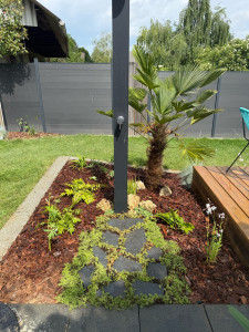 Photo de galerie - Mise en place d’un massif avec douche solaire et sol en sédum