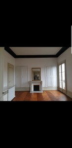 Photo de galerie - Rénovation d'un salon contour du plafond en noir et le centre en gris clair 